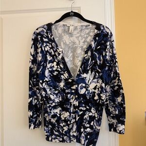 White House Black Market Navy and White Patterned Blouse